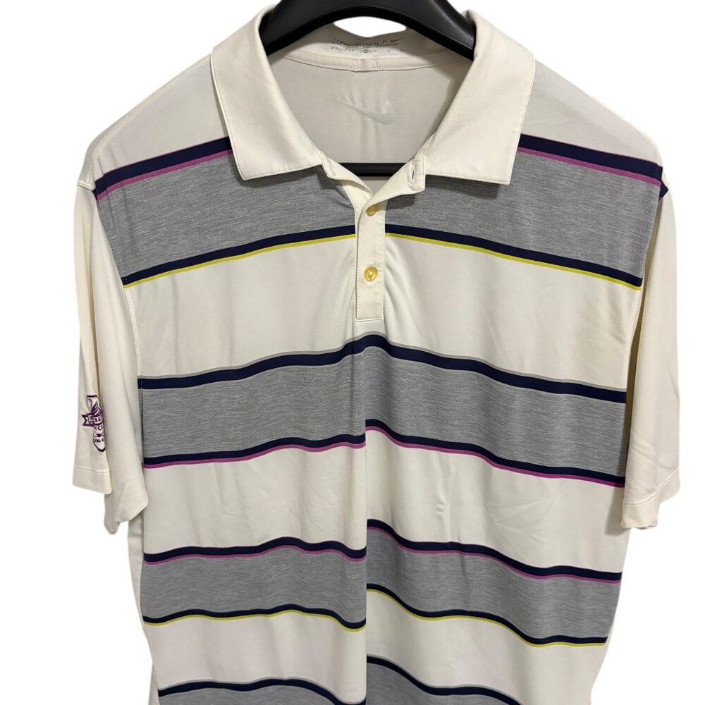 Nike Dri Fit Golf Polo Shirt Size XL Striped Swan Lake Logo White